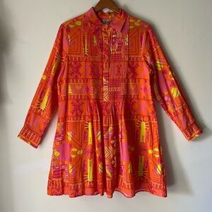 Sheridan French M Orange/Fuchsia Pink Button Up Mini Dress Long Sleeve/Rolled Up